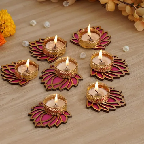 Vista 6 de TIED RIBBONS Lotus - Portavelas de candelita Juego de 7 Portavelas para decoraciones pongales, decoraciones de Pooja para el hogar, candelita