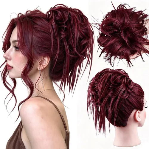 Vista 37 de HMD - Extensiones de cabello tipo chongo alborotado con rodelo despeinado, banda elástica de goma, extensiones de cabello sintético para mujer 12H24