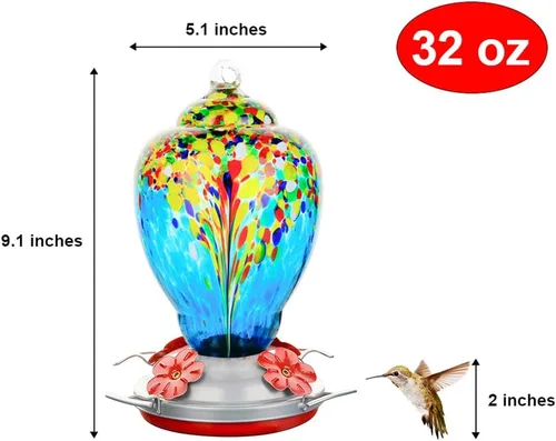 Vista 6 de WOSIBO Comedero para colibríes para exteriores, patio, grande, 32 onzas, comedero para colibríes de vidrio soplado a mano colorido con foso