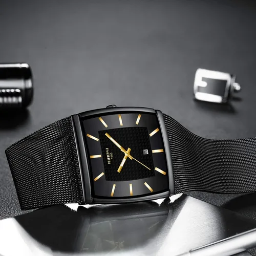 Vista 4 de Relojes para hombre, de moda, de lujo, casual, con correa de malla, impermeable, con fecha, cuadrado