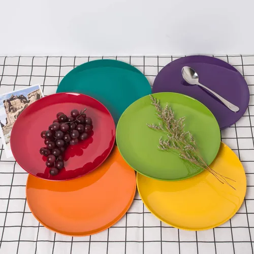 Vista 4 de KX-WARE Platos de melamina, juego de 6 platos llanos de 10.5 pulgadas, multicolor, 100% melamina aptos para lavavajillas, sin BPA