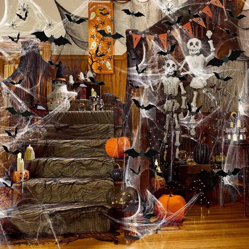 Vista 6 de Famoby 1200 pies cuadrados de telarañas de Halloween y 120 murciélagos falsos y 50 arañas falsas, telarañas superelásticas para decorar fiestas