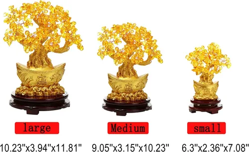 Vista 2 de Árbol del dinero de Feng Shui, árbol de la suerte de cuarzo amarillo, parte inferior con lingote dorado con base de sándalo giratoria, decoración
