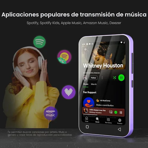 Vista 3 de TIMMKOO Reproductor MP3 para niños de 80 GB con Bluetooth, controles parentales, Spotify preinstalado, Spotify Kids, audible, reproductor de música