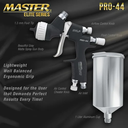 Vista 3 de Master Pro 44 Series - Pistola de pulverización HVLP de alto rendimiento con punta de 0.051 pulgadas con regulador de presión de aire, ideal