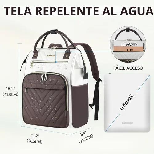 Vista 2 de VANKEAN Mochila para portátil de 17 pulgadas para mujeres y hombres, bolsa de trabajo de computadora de moda, Beige-café, 15,6 pulg., 7702
