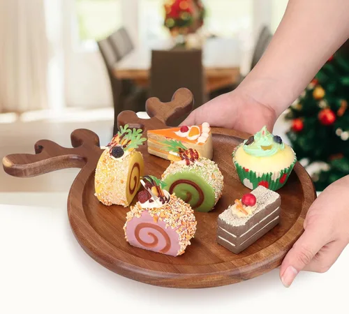 Vista 7 de Platos de cocina de Navidad de madera de acacia para decorar la cena Plato de madera para queso de Navidad Bandeja de charcutería de Navidad