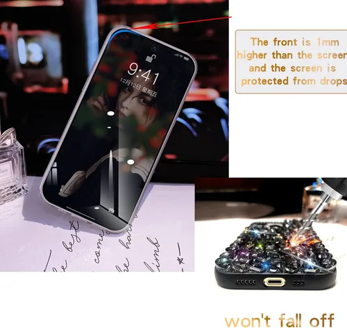 Vista 5 de Funda para iPhone 13 Pro para mujer (6.1 pulgadas), funda de lujo muy brillante con purpurina 3D con diamantes de imitación de cristal brillante