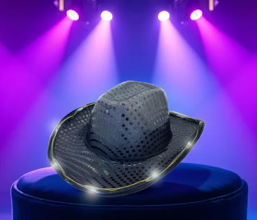Vista 3 de Sombrero de vaquero con lentejuelas LED para fiesta de fiesta intermitente, fiesta de baile para cumpleaños, boda, festival, Halloween