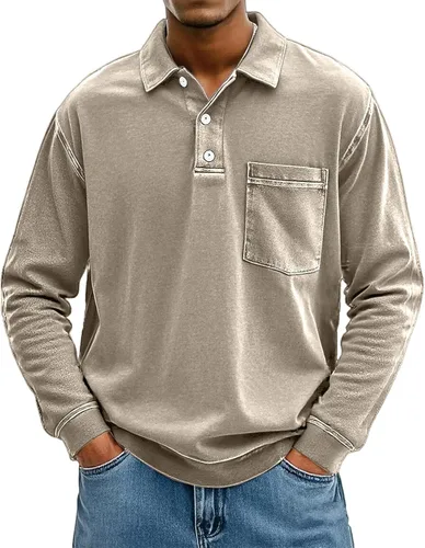 Vista 9 de Polo de manga larga para hombre, con solapa, casual, a la moda, vintage, ligero, para exteriores, negocios, golf, gimnasio, camisetas