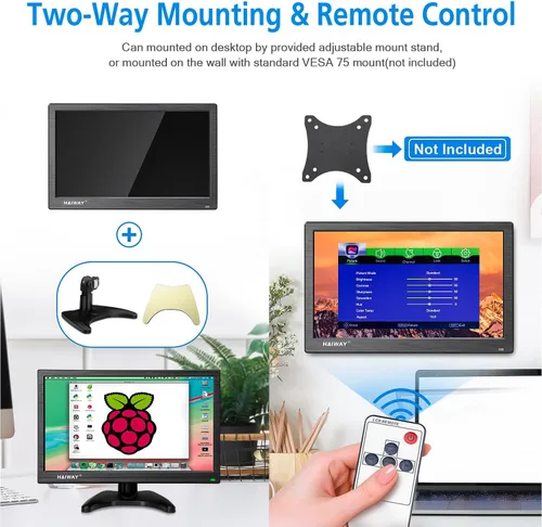 Vista 6 de Haiway Monitor de seguridad de 14 pulgadas, resolución de 1366 x 768, monitor de PC pequeño con altavoces integrados con puertos HDMI/VGA/BNC/AV