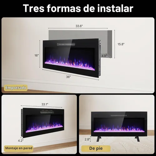 Vista 6 de Chimenea eléctrica de 36", 16 llamas ajustables, independiente/montada en pared/empotrada, inserto de chimenea de 1400W, chimenea eléctrica de pared