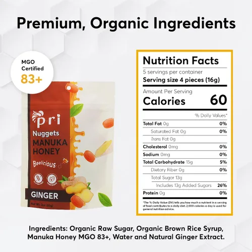 Vista 5 de P.R.I Nuggets de miel y jengibre de Manuka, dulce y totalmente natural, caramelo duro, 3 onzas Envuelto individualmente, sin jarabe de maíz, sin