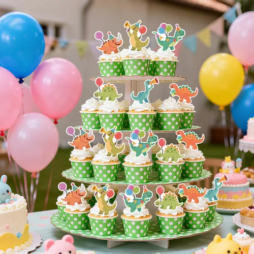 Vista 8 de ALISSAR 36 adornos para cupcakes de dinosaurio, decoración de pastel de dinosaurio para decoración de fiesta de cumpleaños, baby shower, tema Rex
