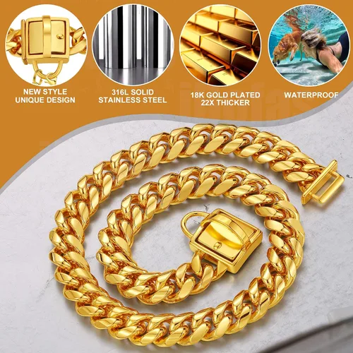 Vista 4 de Collar de cadena para perro, collar de cadena de oro de 0.555 pulgadas con eslabones cubanos de 0.55 pulgadas, con hebilla de cierre segura, cadena