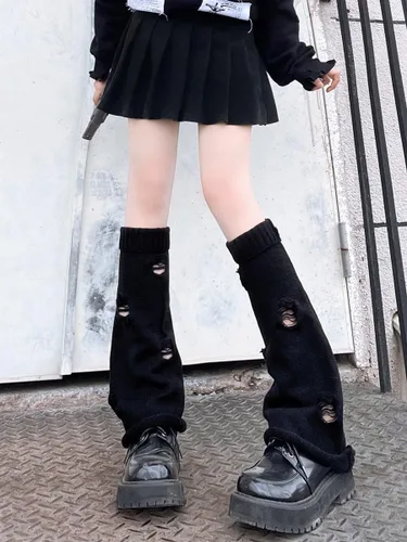 Vista 4 de Calentadores de pierna góticos Acubi Grunge Lolita Invierno Cuff Y2K Harajuku hasta la rodilla calcetines de punto japoneses Preppy Leggings Polainas
