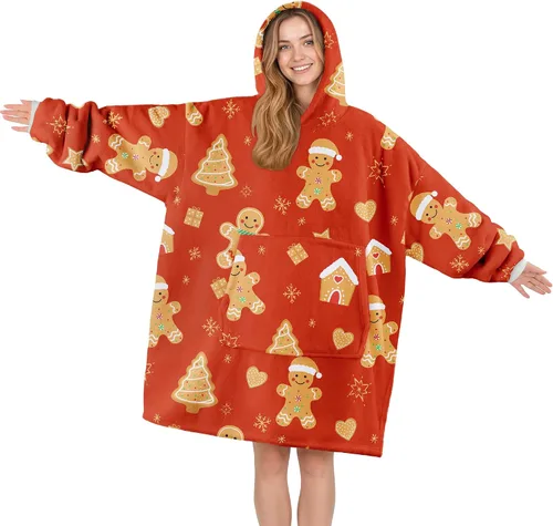 Vista 9 de Manta de Navidad de gran tamaño con capucha, cálida y suave Hombre de pan de jengibre beige