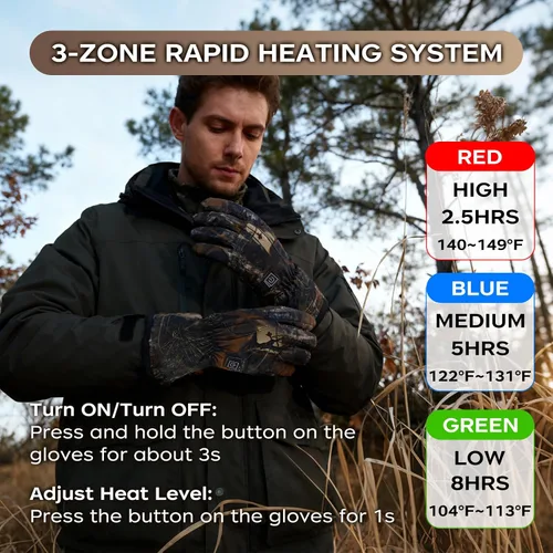 Vista 3 de Guantes de caza con calefacción para hombre, guantes térmicos eléctricos recargables de invierno, guantes térmicos de camuflaje para caza, guantes
