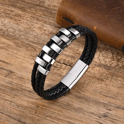 Vista 3 de XUANPAI - Pulseras personalizadas para hombre, pulseras de acero inoxidable para hombre, pulseras de cuero trenzado con 1-9 nombres grabados
