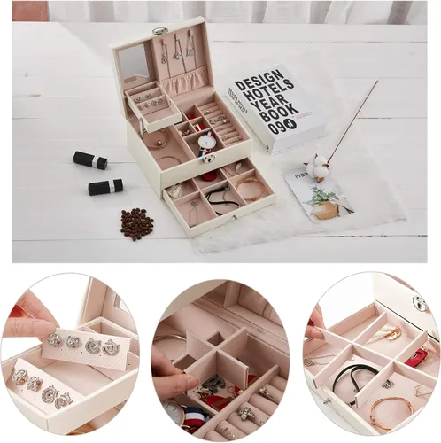 Vista 4 de goldwheat Joyero organizador de cuero de dos capas con espejo de cerradura para mujeres y niñas, estuche de viaje, almacenamiento de exhibición