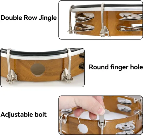 Vista 4 de EASTROCK - Pandereta de 8 pulgadas ajustable para adultos, pandereta de plástico de mano con doble fila de cascabeles de metal, instrumento musical