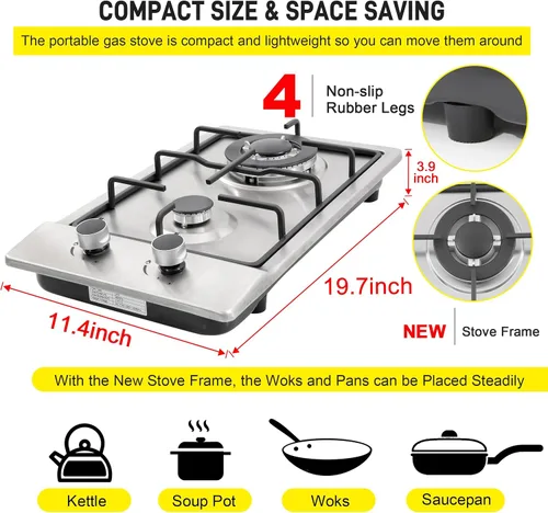 Vista 6 de Cocina de gas de 12 pulgadas, estufa de gas integrada de 2 quemadores de acero inoxidable con kit de conversión de NG/LPG, protección de termopar