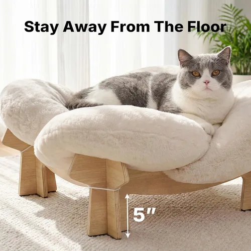 Vista 2 de Veehoo Moderna cama elevada para gatos con cojín lavable y esponjoso para gatos de interior y perros pequeños, sofá elevado de madera para mascotas