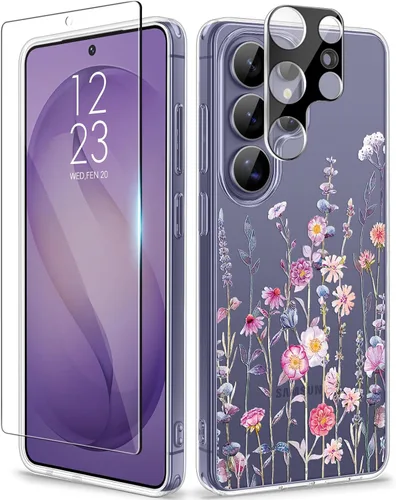 Vista 42 de GVIEWIN Funda protectora para Samsung Galaxy S25, transparente floral, delgada, a prueba de golpes, para mujer, no se pone amarilla, con protector