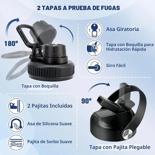 Vista 4 de Botella de Agua Aislada, botellas de agua de boca ancha de acero inoxidable de 32 onzas con 2 tapas a prueba de fugas y mango de paracord, botella