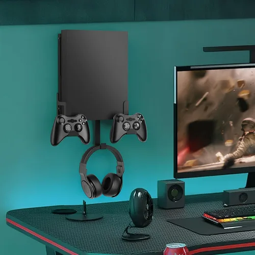 Vista 8 de Wall Mount Kit with Detachable 2 Controller Holder & Headphone Hanger, Metal Wall Mount Holder Compatible with Xbox One X, Black