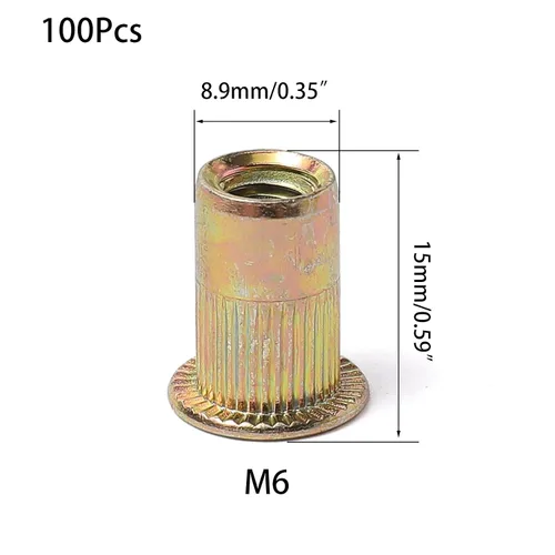 Vista 3 de 100 tuercas de remache M6, acabado galvanizado de acero al carbono, cabeza plana remache roscado, tuerca de inserción roscada cuerpo moleteado