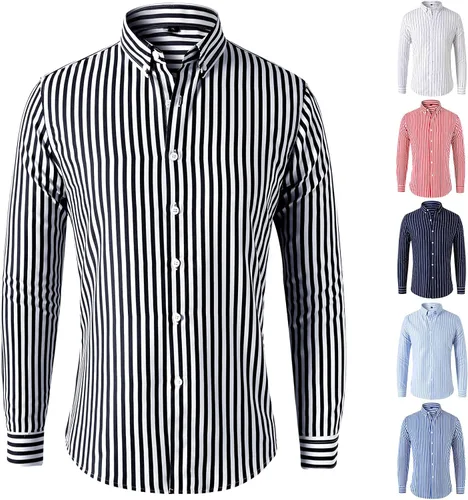 Vista 5 de Camisas de vestir a rayas con botones para hombre, manga larga, ajuste regular, solapa, vertical, a rayas