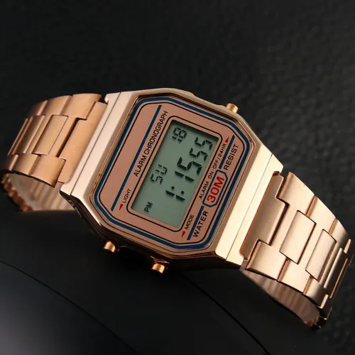 Vista 3 de VIGOROSO Reloj casual digital de acero inoxidable dorado retro vintage para hombre, cronómetro