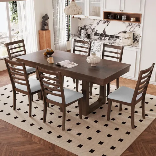 Vista 28 de Juego de mesa retro de comedor de cocina de 7 piezas, mesa extensible de madera maciza de 60 a 78 pulgadas con hojas extraíbles y 6 sillas