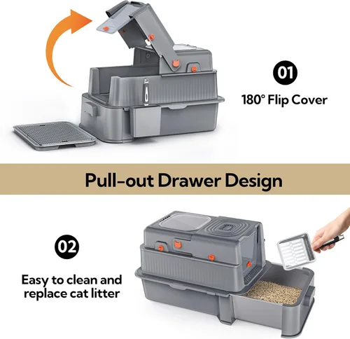 Vista 4 de Soulbond Caja de arena de acero inoxidable para gatos con tapa, caja de arena de metal grande cerrada con cajón y puerta abatible para gatos