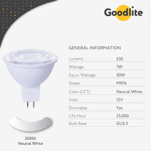 Vista 4 de Goodlite G-19895 MR16 LED 7 W (reemplazo de 50 vatios), inundación de 40°, CRI90+, 550 lúmenes, bombilla puntual, regulable, listado UL, blanco