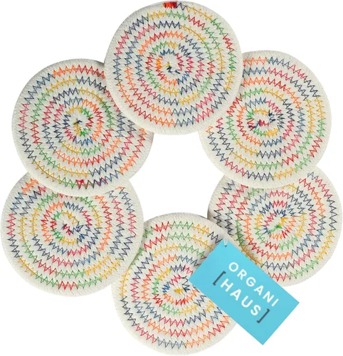 Vista 8 de OrganiHaus Juego de 6 posavasos de algodón absorbente, decoración rústica de estilo bohemio para mesa de café y protección de bebidas, posavasos