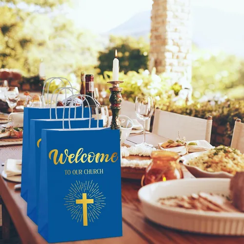Vista 6 de Chuangdi 50 bolsas de regalo de bienvenida a la iglesia, bolsas de papel cristiano con asas para invitados, día de la madre, baby shower, Azul