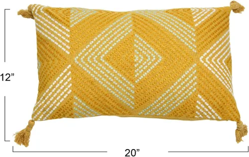 Vista 6 de Creative Co-Op Almohada bordada de algodón con borlas lumbares, 20 pulgadas de largo x 12 pulgadas de ancho x 2 pulgadas de alto, multicolor