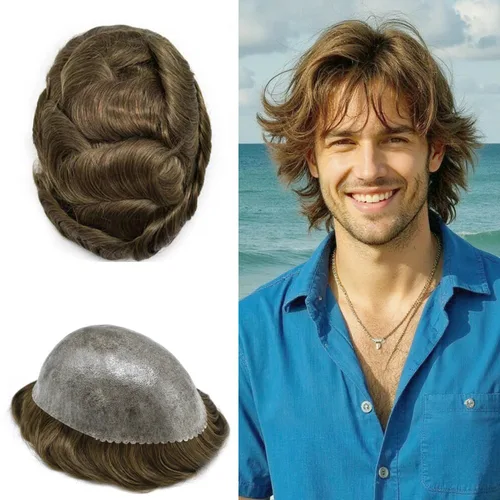 Vista 476 de Toupee para hombre 100% cabello humano real tupé para hombres 0.004 in piel de poliuretano para hombre, sistema de reemplazo de piezas de pelo