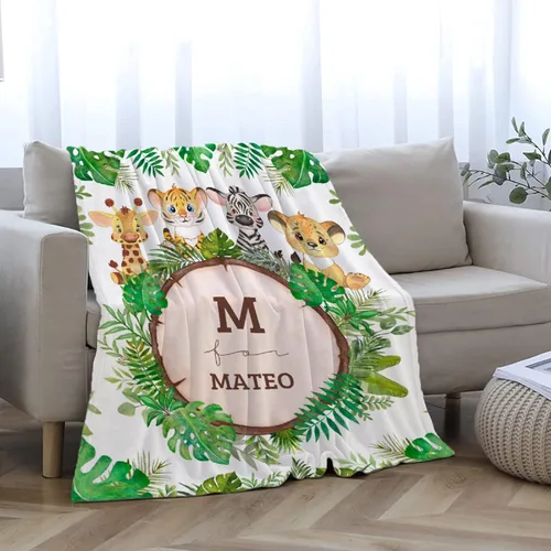 Vista 5 de Manta personalizada de animales bebés para niños y niñas, mantas personalizadas con nombre, manta ligera de franela suave para ropa de cama, sofá