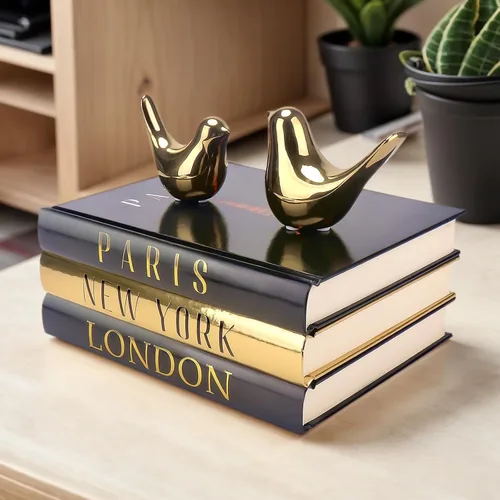 Vista 8 de Libros decorativos para decoración del hogar con pequeñas estatuas de pájaros doradas, decoración del hogar dorada, decoración de libros de mesa