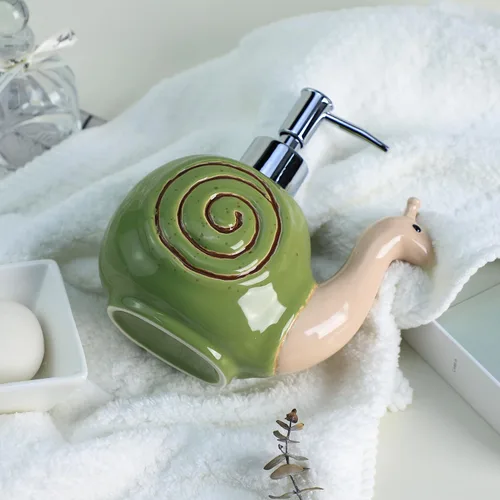 Vista 6 de Colias Wing Dispensador de jabón con forma de caracol retro de cerámica con bomba de plástico, botella de jabón de loción recargable, botella