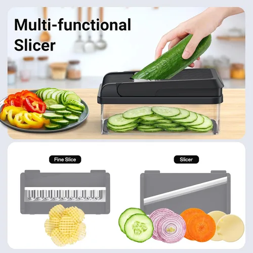 Vista 6 de SpaceHacks Picador de verduras 12 en 1, utensilios de cocina con 7 cuchillas, verduras, alimentos, picador de cebolla, rebanador de pepino