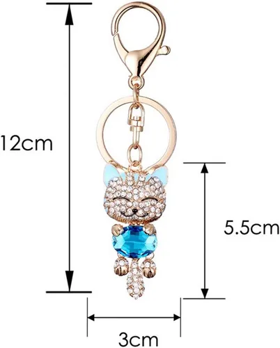 Vista 2 de Lindo gatito Bling Crystal Rhinestone Llavero Animal Lindo Llavero de gato de la fortuna (azul cielo)