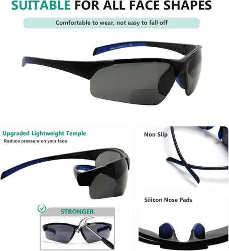Vista 4 de Eyekepper TR90 Gafas de sol bifocales polarizadas deportivas irrompibles sin montura, Marco negro-azul matelente gris