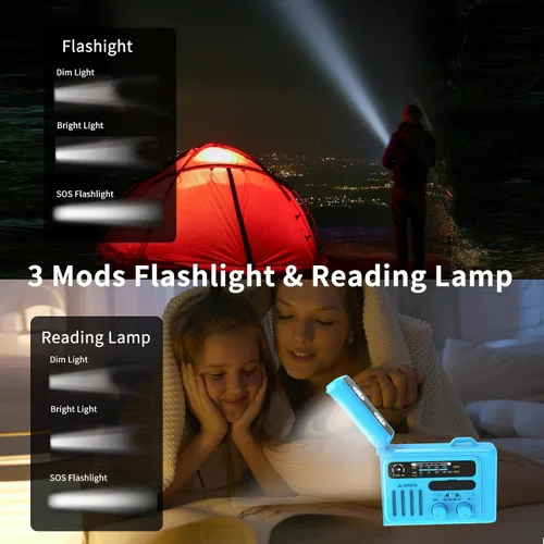 Vista 5 de Radio solar de emergencia con manivela, NOAA/AM/FM con linterna LED y lámpara de lectura, USB tipo C/carga solar/manivela, altavoz Bluetooth, alarma