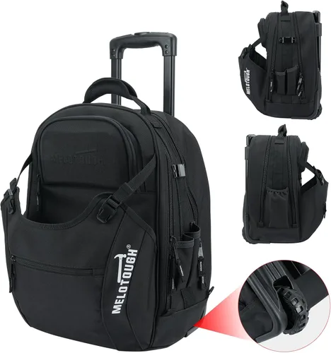 Vista 8 de MELOTOUGH Bolsa de herramientas rodante con ruedas, gran bolsa de herramientas resistente para hombres con 35 bolsillos y mango telescópico