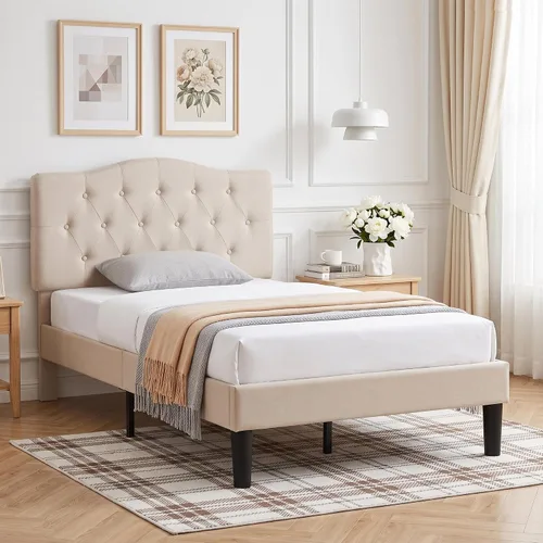 Vista 5 de VECELO Base de cama de plataforma de tamaño individual con cabecera tapizada de tela y soporte de listones de madera, no necesita somier/fácil Beige
