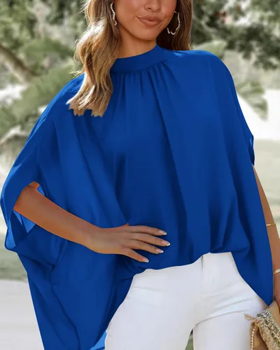 Vista 11 de BTFBM Blusas de verano para mujer, cuello alto falso, manga murciélago, holgadas, dobladillo alto y bajo, blusas informales de gran